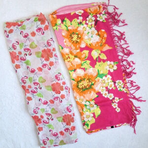 Pair Set Of 2 Spring Summer Colorful Scarves Pink Orange Green Tropical Floral